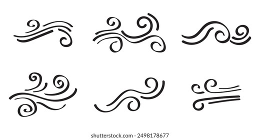 Doodle wind line sketch set. Hand drawn doodle wind motion, air blow, swirl elements. Sketch drawn air blow motion, smoke flow art, abstract line. Isolated vector illustration.