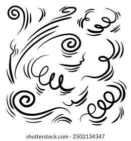 Doodle wind line sketch set. Hand drawn doodle wind movement, air blowing, vortex elements. Sketch of air blowing movement, abstract lines. Isolated vector illustration.