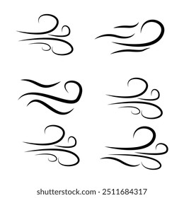 Doodle wind line sketch set. Hand drawn doodle wind motion, air blow, swirl elements. Sketch drawn air blow motion, smoke flow art, abstract line. Isolated vector illustration.