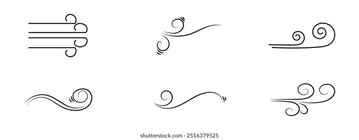 Doodle wind line sketch set. Hand drawn doodle wind motion, air blow, swirl elements. Sketch drawn air blow motion, smoke flow art, abstract line. Isolated vector illustration.