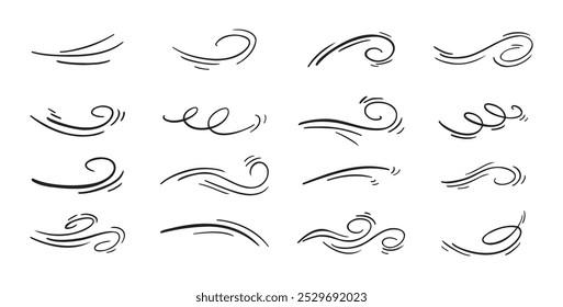 Desenhos de linha de vento. Sopro de ar de doodle desenhado à mão, elementos de espiral. Ilustração vetorial