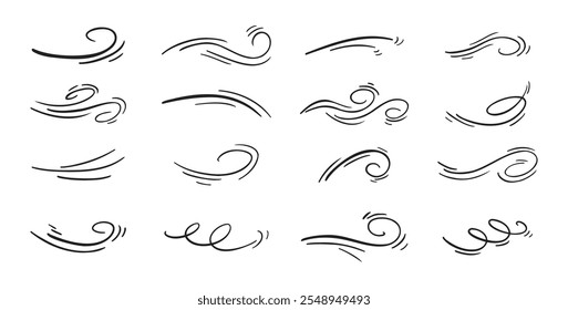 Desenhos de linha de vento. Sopro de ar de doodle desenhado à mão, elementos de espiral. Ilustração vetorial