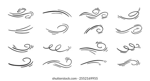 Desenhos de linha de vento. Sopro de ar de doodle desenhado à mão, elementos de espiral. Ilustração vetorial