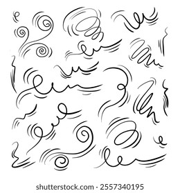 Doodle wind line sketch set. Hand drawn doodle wind movement, air blowing, vortex elements. Sketch of air blowing movement, abstract lines. Isolated vector illustration.