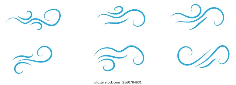 Doodle wind line sketch set. Hand drawn doodle wind motion, air blow, swirl elements. Sketch drawn air blow motion, smoke flow art, abstract line. Isolated vector illustration.