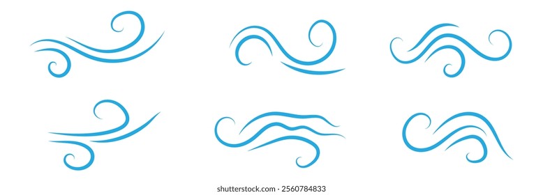 Doodle wind line sketch set. Hand drawn doodle wind motion, air blow, swirl elements. Sketch drawn air blow motion, smoke flow art, abstract line. Isolated vector illustration.