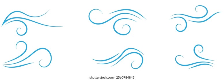 Doodle wind line sketch set. Hand drawn doodle wind motion, air blow, swirl elements. Sketch drawn air blow motion, smoke flow art, abstract line. Isolated vector illustration.