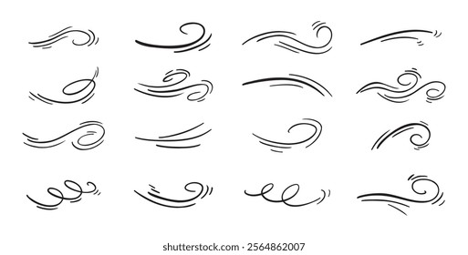 Doodle wind line sketch set. Hand drawn doodle wind air blow, swirl elements. Vector illustration