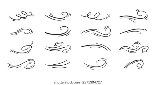 Doodle wind line sketch set. Hand drawn doodle wind air blow, swirl elements. Vector illustration