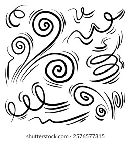 Doodle wind line sketch set. Hand drawn doodle wind movement, air blowing, vortex elements. Sketch of air blowing movement, abstract lines. Isolated vector illustration.