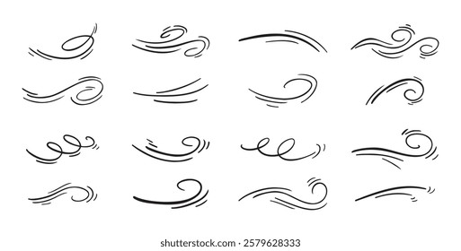 Doodle wind line sketch set. Hand drawn doodle wind air blow, swirl elements. Vector illustration