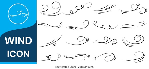 Doodle wind line sketch set. Hand drawn doodle wind motion, air blow, swirl elements. Sketch drawn air blow motion, smoke flow art, abstract line.
