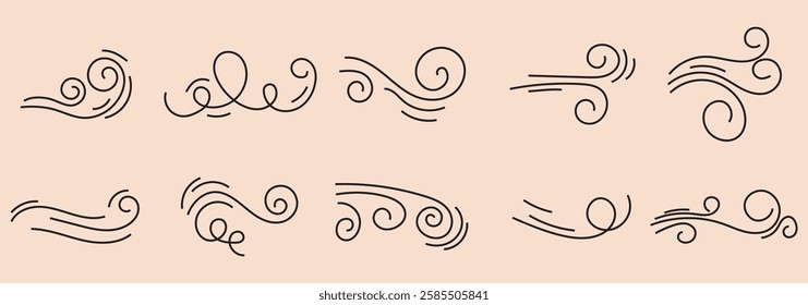 Doodle wind line sketch set. Hand drawn doodle wind motion, air blow, swirl elements. Sketch drawn air blow motion, smoke flow art, abstract line. 1176