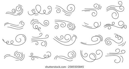 Doodle wind line sketch set. Hand drawn doodle wind motion, air blow, swirl elements. Sketch drawn air blow motion, smoke flow art, abstract line. 1176