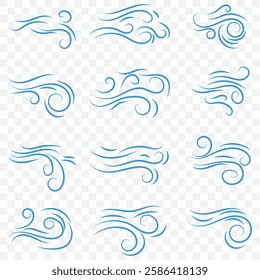 Doodle wind line sketch set. Hand drawn doodle wind motion, air blow, swirl elements. Sketch drawn air blow motion, smoke flow art, abstract line. Isolated vector illustration. EPS 10.