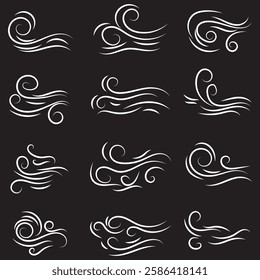 Doodle wind line sketch set. Hand drawn doodle wind motion, air blow, swirl elements. Sketch drawn air blow motion, smoke flow art, abstract line. Isolated vector illustration. EPS 10.