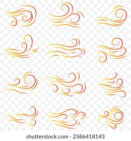 Doodle wind line sketch set. Hand drawn doodle wind motion, air blow, swirl elements. Sketch drawn air blow motion, smoke flow art, abstract line. Isolated vector illustration. EPS 10.