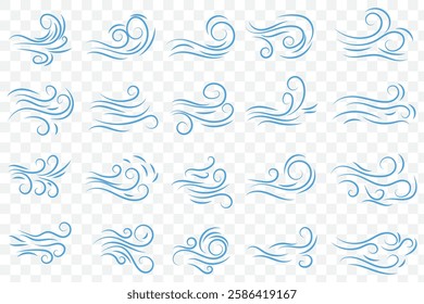 Doodle wind line sketch set. Hand drawn doodle wind motion, air blow, swirl elements. Sketch drawn air blow motion, smoke flow art, abstract line. Isolated vector illustration. EPS 10.