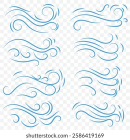 Doodle wind line sketch set. Hand drawn doodle wind motion, air blow, swirl elements. Sketch drawn air blow motion, smoke flow art, abstract line. Isolated vector illustration. EPS 10.