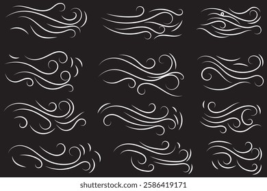 Doodle wind line sketch set. Hand drawn doodle wind motion, air blow, swirl elements. Sketch drawn air blow motion, smoke flow art, abstract line. Isolated vector illustration. EPS 10.