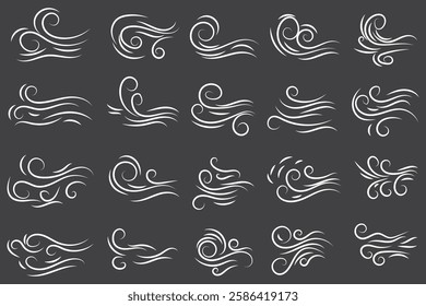 Doodle wind line sketch set. Hand drawn doodle wind motion, air blow, swirl elements. Sketch drawn air blow motion, smoke flow art, abstract line. Isolated vector illustration. EPS 10.