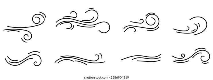 Doodle wind line sketch set. Hand drawn doodle wind motion. Wind blowing line icon. vector illustration eps 888.