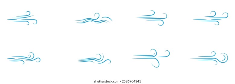 Doodle wind line sketch set. Hand drawn doodle wind motion, air blow, swirl elements. Sketch drawn air blow motion, smoke flow art, abstract line. Isolated vector illustration.