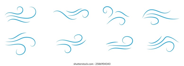 Doodle wind line sketch set. Hand drawn doodle wind motion, air blow, swirl elements. Sketch drawn air blow motion, smoke flow art, abstract line. Isolated vector illustration.