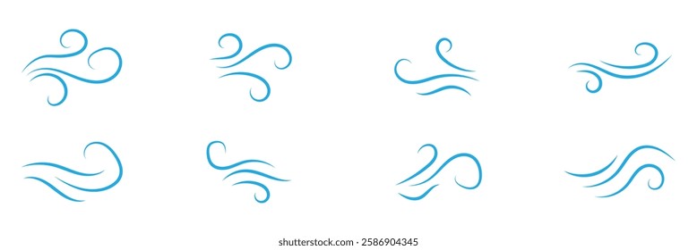 Doodle wind line sketch set. Hand drawn doodle wind motion, air blow, swirl elements. Sketch drawn air blow motion, smoke flow art, abstract line. Isolated vector illustration.