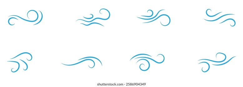 Doodle wind line sketch set. Hand drawn doodle wind motion, air blow, swirl elements. Sketch drawn air blow motion, smoke flow art, abstract line. Isolated vector illustration.