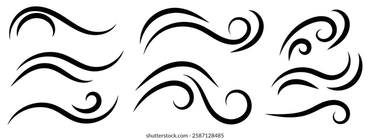 Doodle wind line sketch set. Hand drawn doodle wind motion, air blow, swirl elements. Sketch drawn air blow motion, smoke flow art, abstract line. Isolated vector illustration.