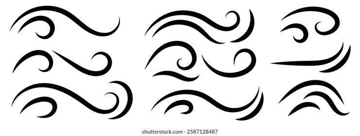 Doodle wind line sketch set. Hand drawn doodle wind motion, air blow, swirl elements. Sketch drawn air blow motion, smoke flow art, abstract line. Isolated vector illustration.