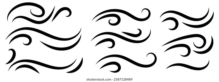 Doodle wind line sketch set. Hand drawn doodle wind motion, air blow, swirl elements. Sketch drawn air blow motion, smoke flow art, abstract line. Isolated vector illustration.