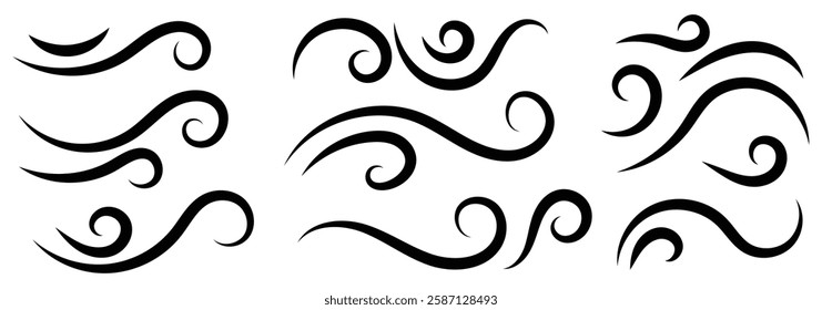 Doodle wind line sketch set. Hand drawn doodle wind motion, air blow, swirl elements. Sketch drawn air blow motion, smoke flow art, abstract line. Isolated vector illustration.