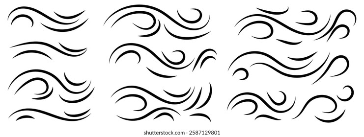 Doodle wind line sketch set. Hand drawn doodle wind motion. Cartoon speed, wave, splash drawing design. Sketch drawn air blow motion, smoke flow art, abstract line. Vector illustration. eps 10