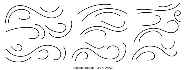 Doodle wind line sketch set. Hand drawn doodle wind motion. Cartoon speed, wave, splash drawing design. Sketch drawn air blow motion, smoke flow art, abstract line. Vector illustration. eps 10