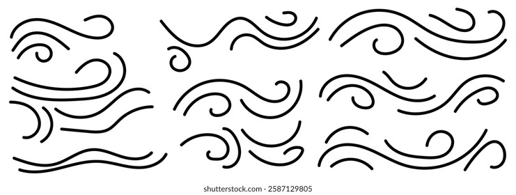 Doodle wind line sketch set. Hand drawn doodle wind motion. Cartoon speed, wave, splash drawing design. Sketch drawn air blow motion, smoke flow art, abstract line. Vector illustration. eps 10