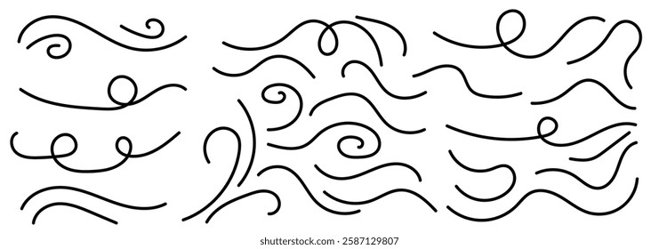 Doodle wind line sketch set. Hand drawn doodle wind motion. Cartoon speed, wave, splash drawing design. Sketch drawn air blow motion, smoke flow art, abstract line. Vector illustration. eps 10