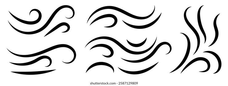 Doodle wind line sketch set. Hand drawn doodle wind motion. Cartoon speed, wave, splash drawing design. Sketch drawn air blow motion, smoke flow art, abstract line. Vector illustration. eps 10