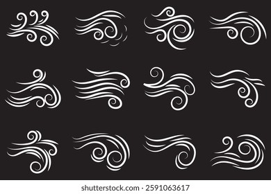 Doodle wind line sketch set. Hand drawn doodle wind motion, air blow, swirl elements. Sketch drawn air blow motion, smoke flow art, abstract line. Isolated vector illustration.