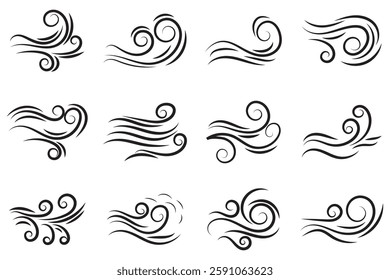 Doodle wind line sketch set. Hand drawn doodle wind motion, air blow, swirl elements. Sketch drawn air blow motion, smoke flow art, abstract line. Isolated vector illustration.