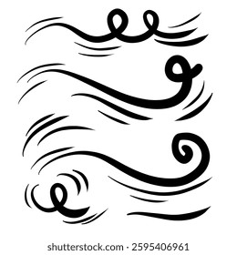 Doodle wind line sketch set. Hand drawn doodle wind air blow, swirl elements.