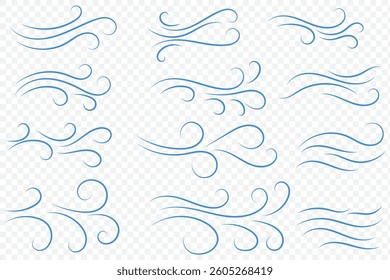 Doodle wind line sketch set. Hand drawn doodle wind motion, air blow, swirl elements. Sketch drawn air blow motion, smoke flow art, abstract line. Isolated vector illustration. EPS 10.
