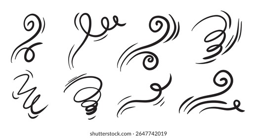 Doodle wind line sketch set. Hand drawn doodle wind movement, air blowing.