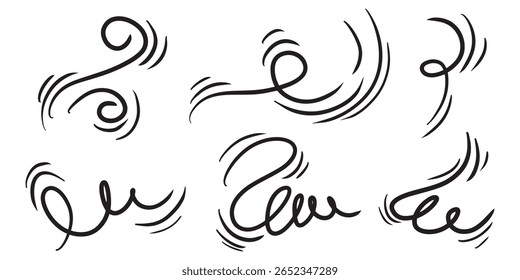 Desenhos de linha de vento. Movimento do vento desenhado à mão, soprando ar, elementos de vórtice. Esboço do movimento de sopro de ar, linhas abstratas. Ilustração isolada de vetor.