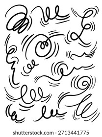 Desenhos de linha de vento. Movimento do vento desenhado à mão, soprando ar, elementos de vórtice. Esboço do movimento de sopro de ar, linhas abstratas. Ilustração isolada de vetor.