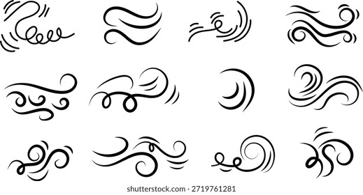Conjunto de boceto de línea de viento Doodle. Dibujado a mano doodle movimiento del viento, soplo de aire, Elementos de remolino. Boceto dibujado de movimiento de soplado de aire, arte de flujo de humo, línea abstracta. Ilustración vectorial aislada.