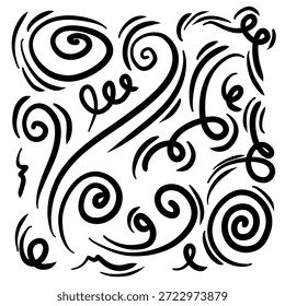 Skizzensatz für die Windlinie von Doodle. Handgezeichnete Doodle Windbewegung, Locken, Luftblasen, Drall.