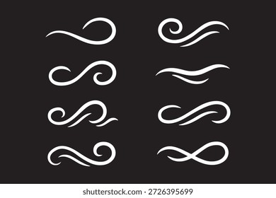 Desenhos de linha de vento. Ícone de sopro de vento desenhado à mão. Ar, vento, redemoinho no estilo de ilustração doodle.  Sopro de ar de doodle desenhado à mão, elementos de espiral
