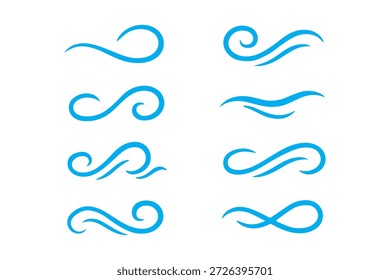 Desenhos de linha de vento. Ícone de sopro de vento desenhado à mão. Ar, vento, redemoinho no estilo de ilustração doodle.  Sopro de ar de doodle desenhado à mão, elementos de espiral